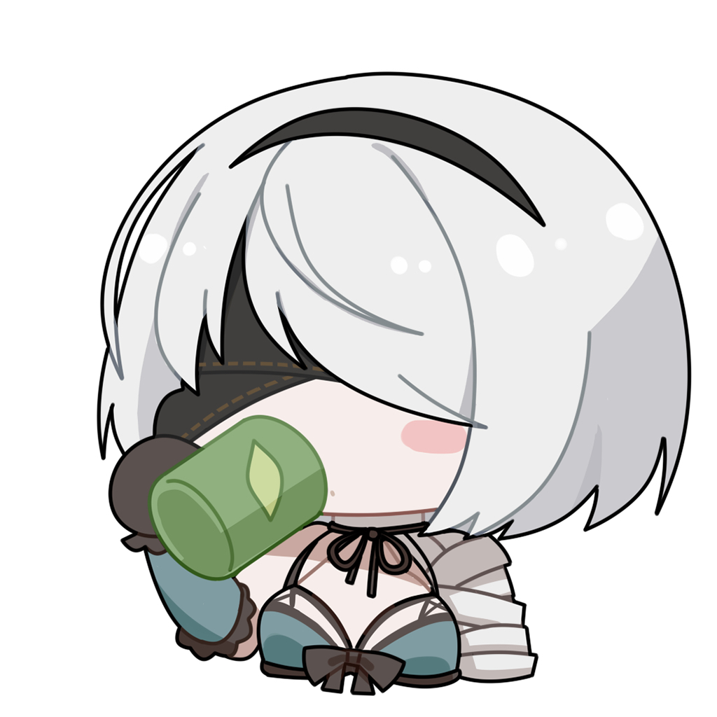 1girl 2b_(nier:automata) black_bow black_bowtie black_gloves black_hairband blindfold bow bowtie breasts chibi chibi_only chinese_commentary commentary_request cosplay covered_eyes cup drinking euyueuy gloves hairband holding holding_cup kaine_(nier) kaine_(nier)_(cosplay) medium_breasts mole mole_under_mouth nier:automata nier_(series) official_alternate_costume official_art short_hair simple_background solo upper_body white_background white_hair yunomi