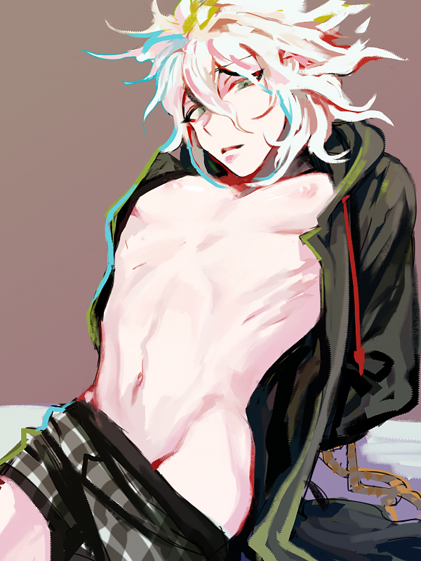 1boy arms_behind_back bound bound_arms danganronpa_(series) danganronpa_2:_goodbye_despair green_jacket grey_hair hair_between_eyes jacket komaeda_nagito male_focus male_underwear messy_hair navel nipples plaid_clothes plaid_male_underwear rope solo underwear uurin