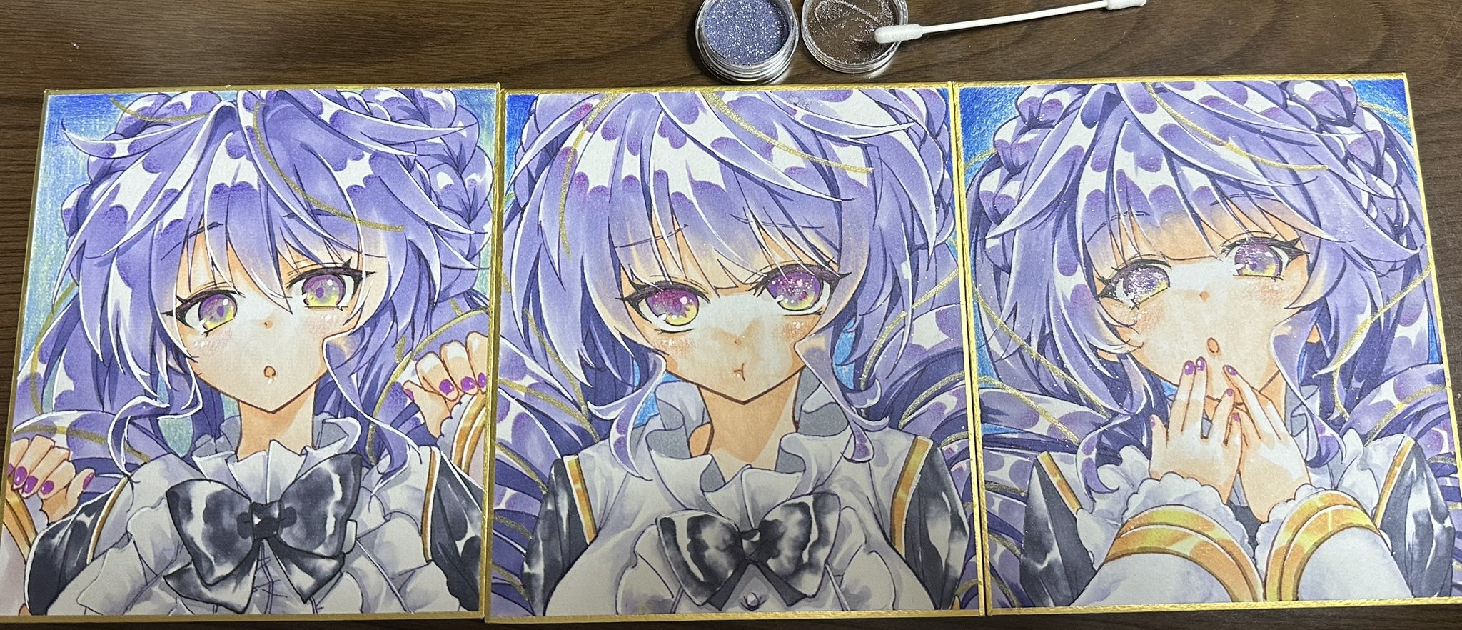 1girl az_(colorb05) breasts commentary_request donut_hair_bun double_bun dress drill_hair duel_monster hair_bun highres large_breasts long_hair multiple_expressions multiple_views photo_(medium) pout purple_eyes purple_hair purple_nails selettrice_vaalmonica shikishi twin_drills upper_body white_dress yu-gi-oh!