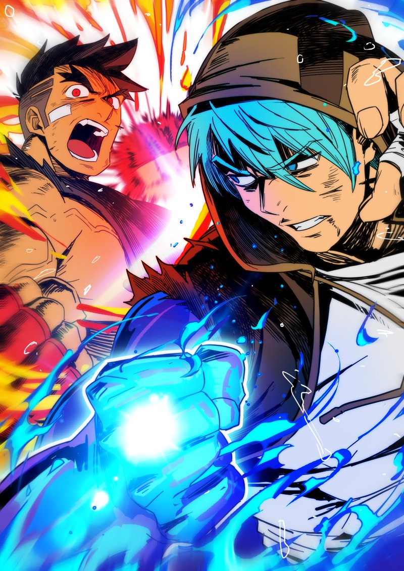 2boys absol_(dkqthf) bandaid bandaid_on_face black_hair blazing_strike blue_eyes blue_hair glowing glowing_hand hashtag-only_commentary hood hooded_jacket jacket jake_(blazing_strike) male_focus multiple_boys muscular muscular_male nipple_slip nipples open_mouth red_eyes shinsuke_(blazing_strike) teeth torn_sleeve undercut veins veiny_arms