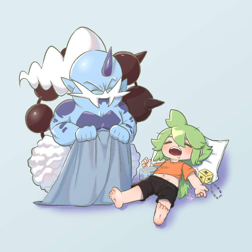2boys ^_^ bald barefoot black_shorts blanket blue_background blue_horns blue_skin blush child closed_eyes colored_skin drooling facial_hair feet full_body gen_5_pokemon green_hair hair_between_eyes holding holding_blanket horns legendary_pokemon long_hair lying male_focus messy_hair midriff_peek multicolored_skin multiple_boys mustache n_(pokemon) navel nintendo on_back open_mouth orange_shirt pillow pointy_ears pokemon pokemon_(creature) pokemon_bw ponytail s_(esumi_kihomaru) saliva shirt short_shorts short_sleeves shorts sidelocks simple_background single_horn sleeping soles teeth thundurus thundurus_(incarnate) toes two-tone_skin white_hair