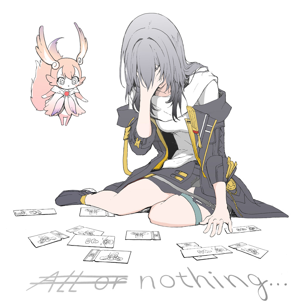 1girl black_footwear black_jacket black_shorts covering_face english_text grey_hair honkai:_star_rail honkai_(series) jacket medium_hair mem_(honkai:_star_rail) pencil_skirt shirt shorts sitting skirt solo stelle_(honkai:_star_rail) syatey trailblazer_(honkai:_star_rail) white_background white_shirt yokozuwari