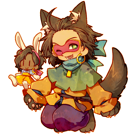1boy 1girl animal_ears animal_feet animal_hands blush claws clopin dark-skinned_female dark_skin earrings esmeralda_(disney) full_body green_eyes gypsy hoop_earrings jewelry kiri_futoshi looking_at_viewer mask one_eye_closed open_mouth orange_shirt orange_skirt pants purple_pants rabbit_ears rabbit_girl rabbit_tail shirt short_hair simple_background skirt tail the_hunchback_of_notre_dame_(disney) white_background wolf_boy wolf_ears wolf_tail