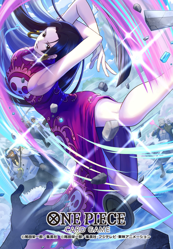 1girl abs arms_up black_hair blue_sky boa_hancock coat coat_on_shoulders collared_coat commentary_request copyright_name dress earrings heart holding holding_sword holding_weapon jewelry kuja_pirates_jolly_roger long_hair marine_(one_piece) official_art one_piece one_piece_card_game outdoors purple_dress sajima_minato sidelocks sky sleeveless sleeveless_dress snake_earrings sparkle sword weapon white_coat