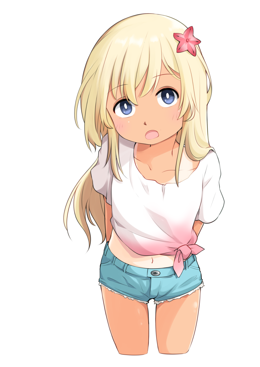 1girl arms_behind_back blonde_hair blue_eyes blue_shorts collarbone commentary cropped_legs dated_commentary denim denim_shorts flower gradient_clothes gradient_shirt hair_flower hair_ornament highres kantai_collection looking_at_viewer midriff navel okitarou_(okiyo) one-piece_tan open_mouth red_shirt ro-500_(kancolle) shirt short_shorts short_sleeves shorts solo tan tanline tied_shirt white_shirt