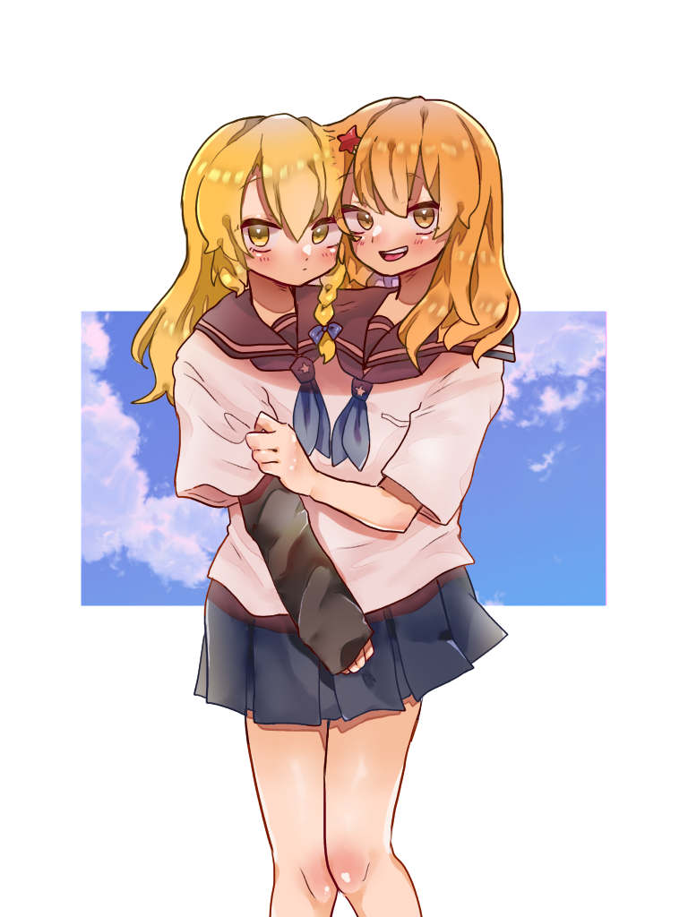 2girls azusa_(cookie) black_sailor_collar blonde_hair blue_neckerchief blue_skirt blue_sky blush bow braid cloud commentary_request conjoined cookie_(touhou) feet_out_of_frame hair_bow hair_ornament kirisame_marisa long_hair looking_at_viewer multiple_girls neckerchief open_mouth red_star rei_(cookie) sailor_collar school_uniform seiga serafuku shirt shishima_(a_a) side_braid single_braid skirt sky smile star_(symbol) star_hair_ornament touhou white_background white_shirt yellow_eyes