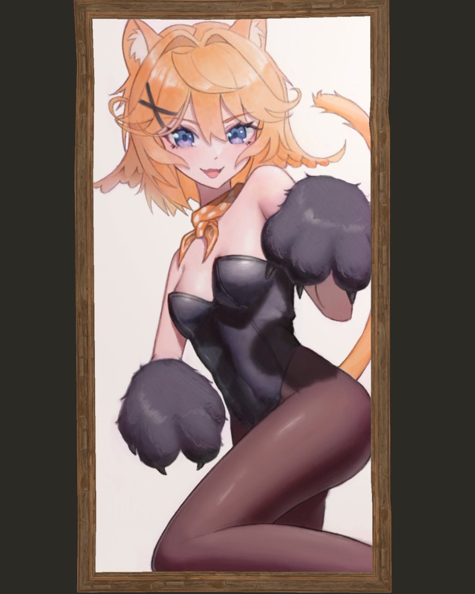 1girl alternate_costume animal_ears animal_hands black_leotard blonde_hair blue_eyes breasts cat_ears cat_paws cat_tail commentary dokibird_(vtuber) english_commentary feather_hair gabigangx game_screenshot hair_ornament highres indie_virtual_youtuber leg_up leotard making-of_available neckerchief nontraditional_playboy_bunny open_mouth pantyhose picture_frame pillarboxed rust_(game)_(medium) solo tail virtual_youtuber white_background