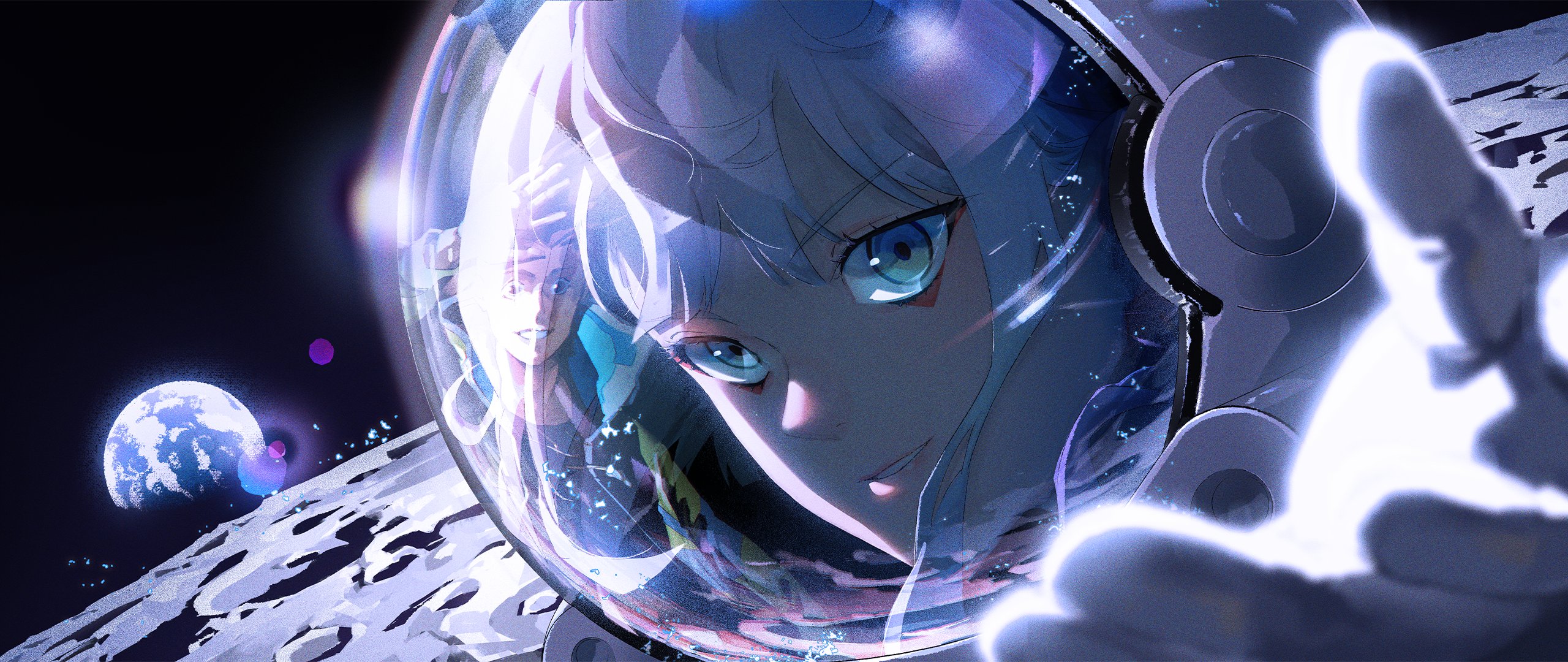 1boy 1girl astronaut blue_eyes cyberpunk_(series) cyberpunk_edgerunners david_martinez earth_(planet) helmet highres lucy_(cyberpunk) moon on_moon orenji_(orenjikunart) outstretched_hand planet reaching reaching_towards_another reaching_towards_viewer shading_eyes smile space space_helmet white_hair
