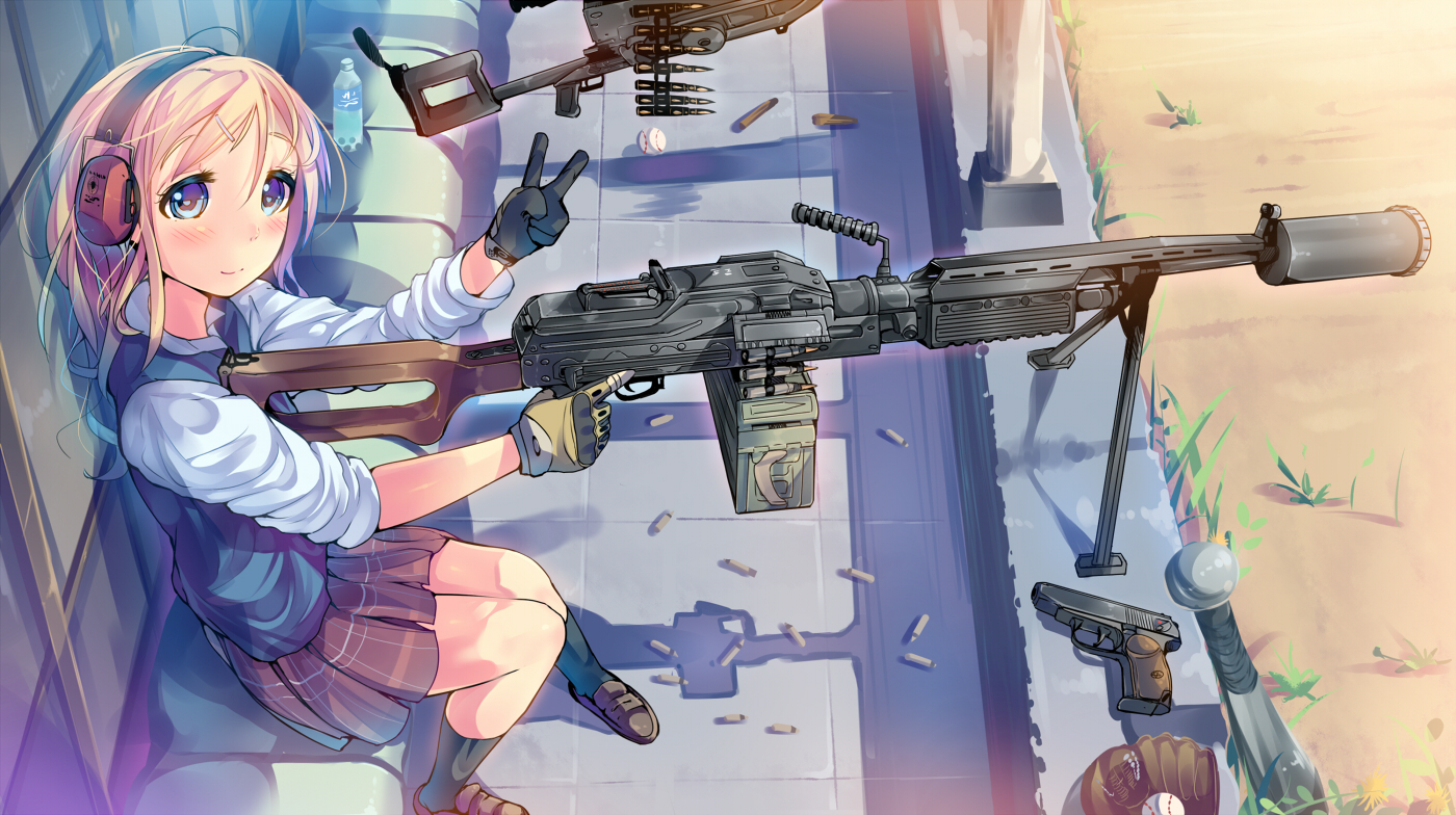 12.7x108mm 1girl 7.62x54mmr aek-999 ammunition ammunition_belt ammunition_box anti-materiel_cartridge baseball baseball_bat baseball_glove bipod blonde_hair blue_eyes blush bottle carbine_cartridge daito ear_protection female_focus fully_powered_cartridge gloves gun hair_ornament hairclip handgun handgun_cartridge headset heavy_machine_gun hmg_cartridge long_hair machine_gun makarov_pm muzzle_device nsv original outdoors pistol pistol_cartridge plaid_clothes plaid_skirt pleated_skirt pocket_pistol rifle_cartridge school_uniform shell_casing shoes sitting skirt smile solo suppressor sweater_vest trigger_discipline v water_bottle weapon