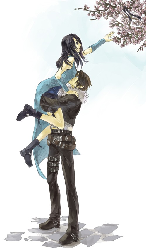 1boy 1girl arm_ribbon arm_up belt between_breasts black_belt black_eyes black_footwear black_gloves black_hair black_jacket black_pants black_ribbon black_tank_top blue_eyes blue_skirt boots breasts brown_belt brown_hair carrying carrying_person cherry_blossoms cobblestone commentary_request couple cropped_jacket day detached_sleeves face_between_breasts final_fantasy final_fantasy_viii from_side full_body fur-trimmed_jacket fur_trim gloves hair_over_shoulder hand_on_another&#039;s_shoulder head_between_breasts hetero hinokami hug jacket jewelry long_hair long_sleeves midriff_peek miniskirt multiple_belts necklace open_mouth outdoors pants parted_lips reaching ribbon ring ring_necklace rinoa_heartilly shirt short_hair skirt sleeveless_duster squall_leonhart standing studded_belt tank_top thigh_strap v-neck white_fur white_shirt