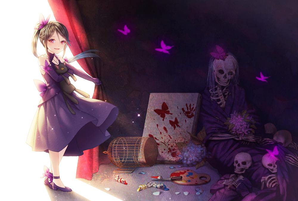 1girl aged_down bare_shoulders birdcage black_hair blood blood_splatter bug butterfly butterfly_hair_ornament cage curtain_grab curtains detached_sleeves dress female_focus flower hair_ornament handprint holding hydrangea insect long_hair looking_at_viewer michele_malebranche nein_(album) one_side_up open_mouth paint paint_palette petals ponytail purple_dress red_eyes saban skeleton smile solo sound_horizon stuffed_animal stuffed_cat stuffed_toy violet_(flower)