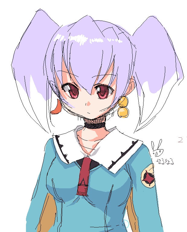 00s arms_at_sides artist_logo chiko earrings hair_between_eyes jewelry logo mismatched_earrings oekaki onija_tarou purple_hair red_eyes simple_background solo top_wo_nerae!_(series) top_wo_nerae_2! tycho_science white_background