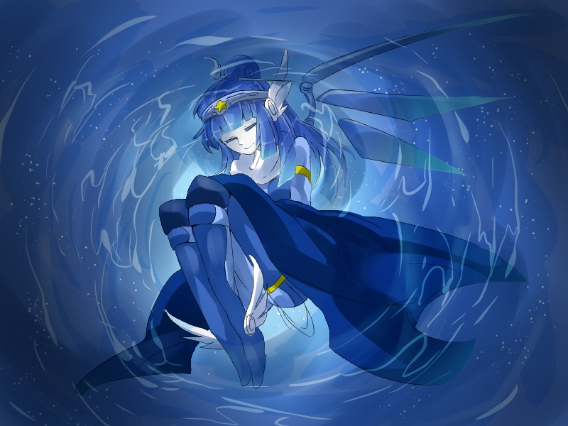 1girl armor blue_armor blue_background blue_boots blue_hair blue_headband blue_jacket blue_pantyhose blue_sleeves blue_wings blunt_bangs boots closed_eyes closed_mouth commentary_request crystal_wings curled_up frilled_thigh_strap full_body hair_bun hair_ornament headband jacket jacket_partially_removed kirby_(series) knee_boots long_sleeves lor_starcutter medium_hair nintendo pantyhose partially_submerged personification shirushiki single_hair_bun sleeve_garter smile socks solo star_(sky) star_(symbol) star_print thigh_strap water white_socks wing_hair_ornament wing_hairpin winged_footwear wings yellow_garter
