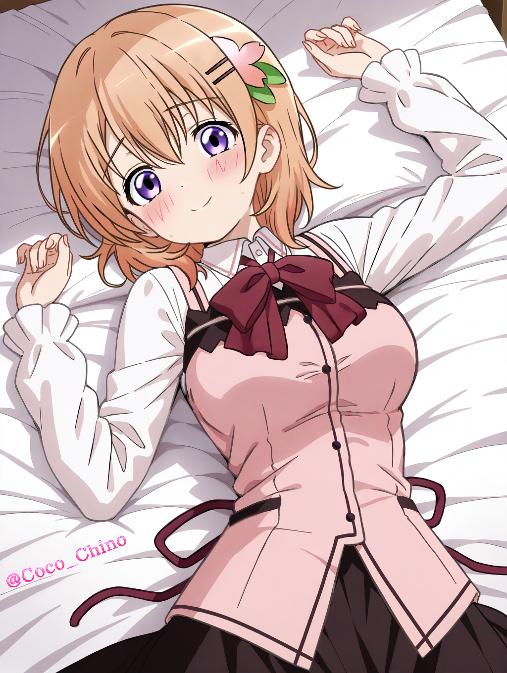 1girl bed_sheet black_skirt blush bow bowtie brown_hair closed_mouth coco_chino collared_shirt flower from_above gochuumon_wa_usagi_desu_ka? hair_flower hair_ornament highres hoto_cocoa long_hair long_sleeves looking_at_viewer lying on_back pink_flower pink_vest rabbit_house_uniform red_bow red_bowtie red_ribbon ribbon shirt skirt smile solo twitter_username very_long_hair vest white_shirt wing_collar