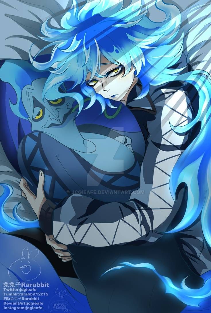 2boys artist_request blue_eyeshadow blue_hair blue_lips commentary_request eyeshadow fiery_hair fire hades_(disney) hair_between_eyes hercules_(1997_film) idia_shroud jacket long_hair long_sleeves makeup male_focus multiple_boys non-web_source sharp_teeth shirt short_hair simple_background smile source_request teeth twisted_wonderland very_long_hair yellow_eyes