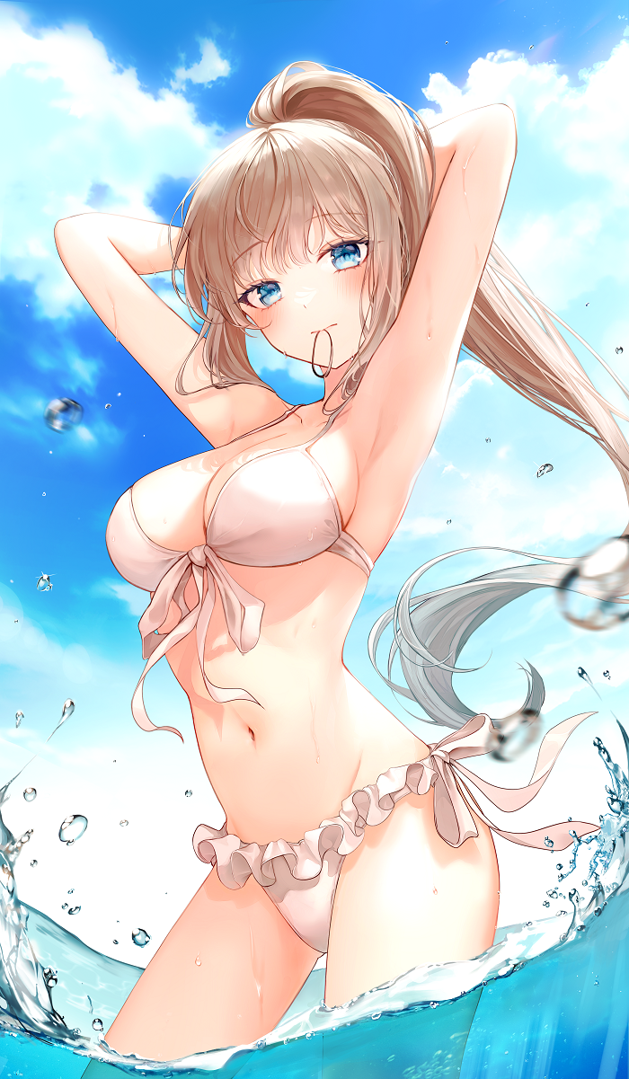 1girl 723/nanahumi adjusting_hair aqua_eyes bikini blonde_hair blush breasts cloud cloudy_sky commentary_request copyright_request cowboy_shot day frilled_bikini frilled_swimsuit frills front-tie_bikini_top front-tie_top hair_ornament halterneck high_ponytail highres hip_focus in_mouth large_breasts long_hair outdoors panties ponytail side-tie_bikini_bottom sky solo swimsuit thighs underwear unworn_hair_ornament wading water_drop waves white_bikini white_panties