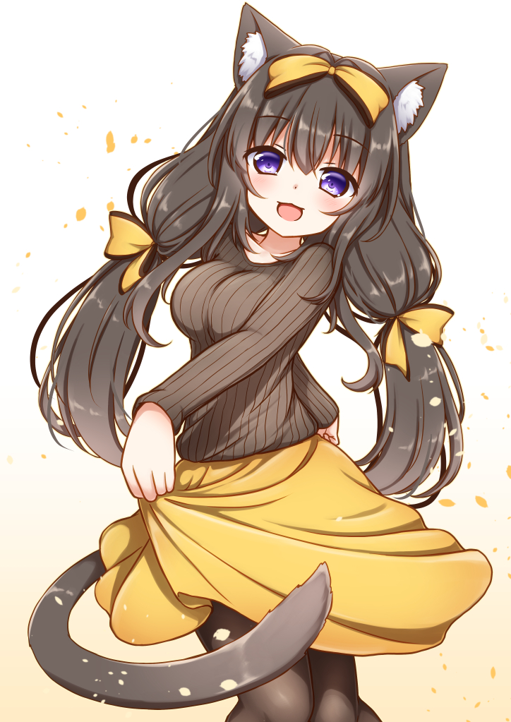 1girl :d alternate_costume animal_ear_fluff animal_ears arashio_(azur_lane) azur_lane black_pantyhose blush bow breasts brown_hair brown_sweater cat_ears cat_tail clothes_lift female_focus hair_bow hestia_(neko_itachi) lifting_own_clothes long_hair low-tied_long_hair medium_breasts open_mouth pantyhose purple_eyes ribbed_sweater simple_background skirt skirt_lift smile solo sweater tail twintails very_long_hair