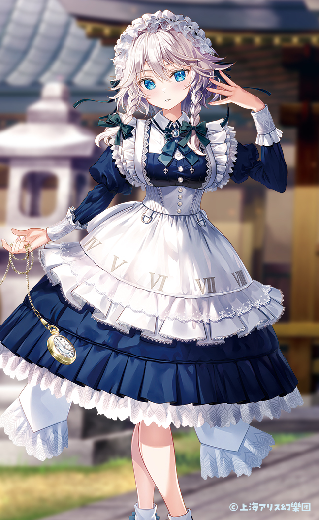 1girl apron blue_dress blue_eyes blurry blurry_background bow bowtie braid dress fujima_takuya green_bow green_bowtie grey_hair hair_between_eyes hand_up izayoi_sakuya long_sleeves looking_at_viewer maid maid_apron maid_headdress official_art outdoors parted_lips solo standing touhou twin_braids white_apron
