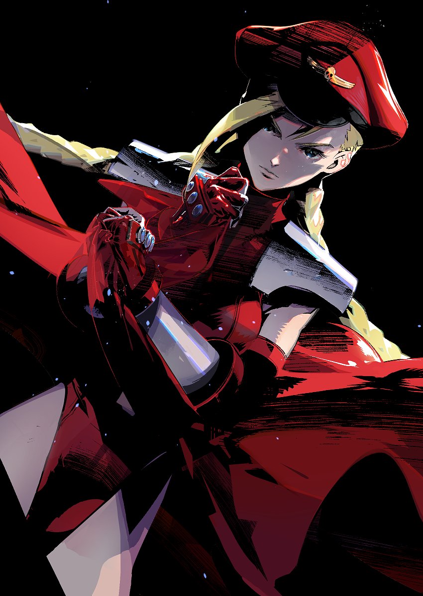 1girl alternate_costume armor black_background blonde_hair blue_eyes braid cammy_white cape cofffee cosplay elbow_gloves fingerless_gloves gloves hat highleg highleg_leotard leotard long_hair m._bison m._bison_(cosplay) official_alternate_costume pauldrons peaked_cap shoulder_armor simple_background solo street_fighter thong_leotard twin_braids wide_hips