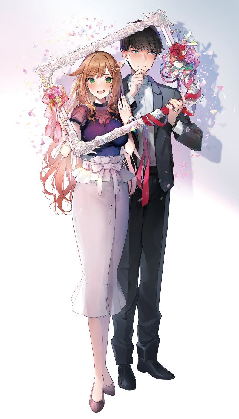 1boy 1girl averting_eyes black_hair black_jacket black_shoes blue_eyes blush bowl_cut breasts brown_hair closed_mouth commentary_request cover cover_image cover_page embarrassed english_text flower forced_smile green_eyes hands_up highres holding holding_picture_frame husband_and_wife isurugi_haru jacket jewelry large_breasts long_hair long_skirt long_sleeves looking_at_viewer motokano_to_no_jirettai_gisou_kekkon novel_cover official_art open_clothes open_jacket open_mouth picture_frame pink_nails pyon-kichi red_flower red_ribbon ribbon ring shadow shirt shoes short_hair short_sleeves simple_background skirt standing sweat tamaki_rio wedding_ring white_background white_shirt white_skirt