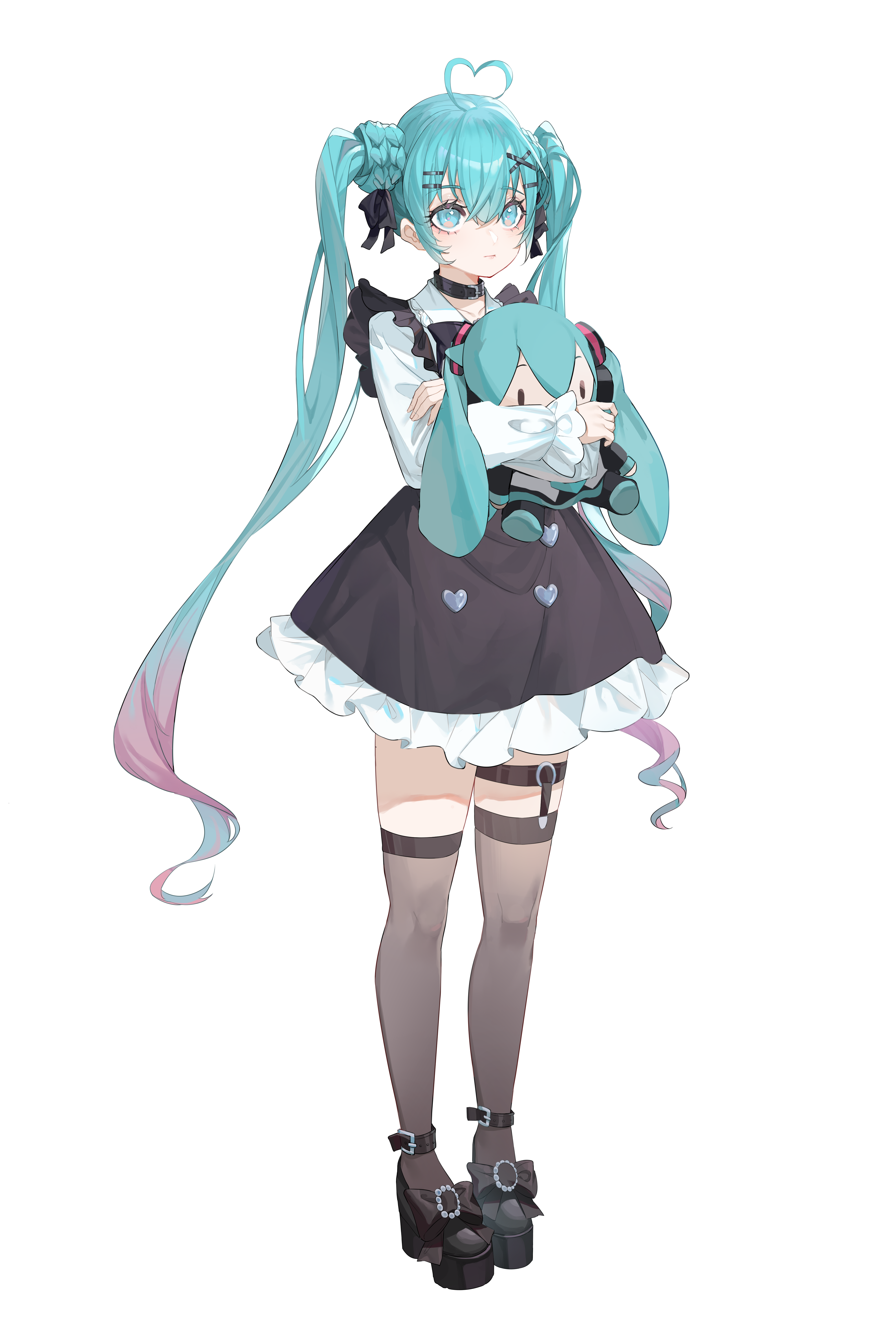 1girl absurdres ahoge aqua_hair black_bow black_collar black_footwear bow bowtie closed_mouth collar collared_shirt commentary commentary_request english_commentary frilled_skirt frills hair_between_eyes hair_bow hair_ornament hairclip hatsune_miku heart heart_ahoge high_heels highres hugging_object kuweichuanxin_jr long_hair long_sleeves platform_footwear platform_heels shirt simple_background skirt solo thigh_strap thighhighs very_long_hair vocaloid white_background white_shirt x_hair_ornament