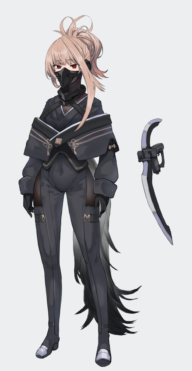 1girl black_bodysuit black_gloves black_mask black_pantyhose bodysuit breasts brown_hair cleavage covered_navel full_body ganesagi gloves grey_background gunblade high_heels highres hip_vent japanese_clothes long_sideburns long_sleeves mask mouth_mask original pantyhose ponytail red_eyes sideburns slit_pupils solo thighs twintails weapon