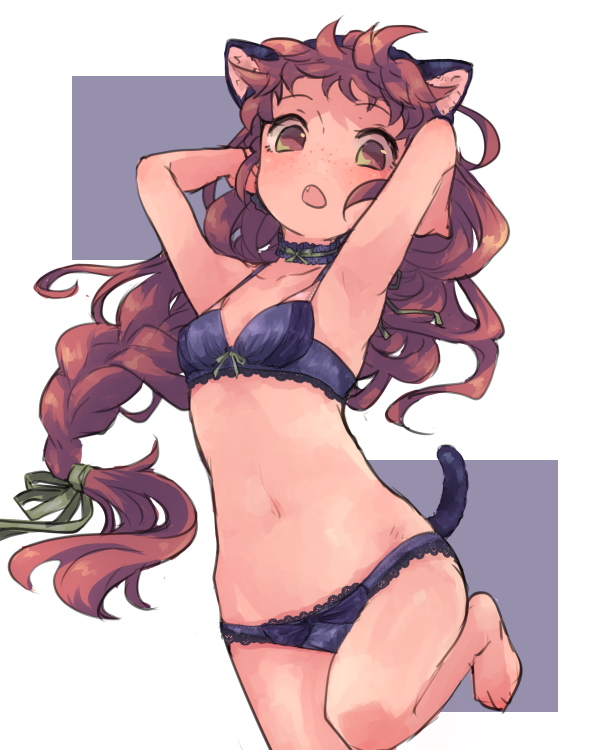 1girl animal_ears armpits barefoot black_hairband blue_bra blue_panties bra braid braided_ponytail breasts brown_eyes brown_hair cat_ears cat_tail choker cleavage collarbone fake_animal_ears female_focus floating_hair hairband hands_in_own_hair isuzu_(log_horizon) log_horizon long_hair looking_at_viewer lying mo_(deciliter) navel on_back open_mouth panties ponytail single_braid sketch small_breasts solo tail underwear underwear_only very_long_hair white_background