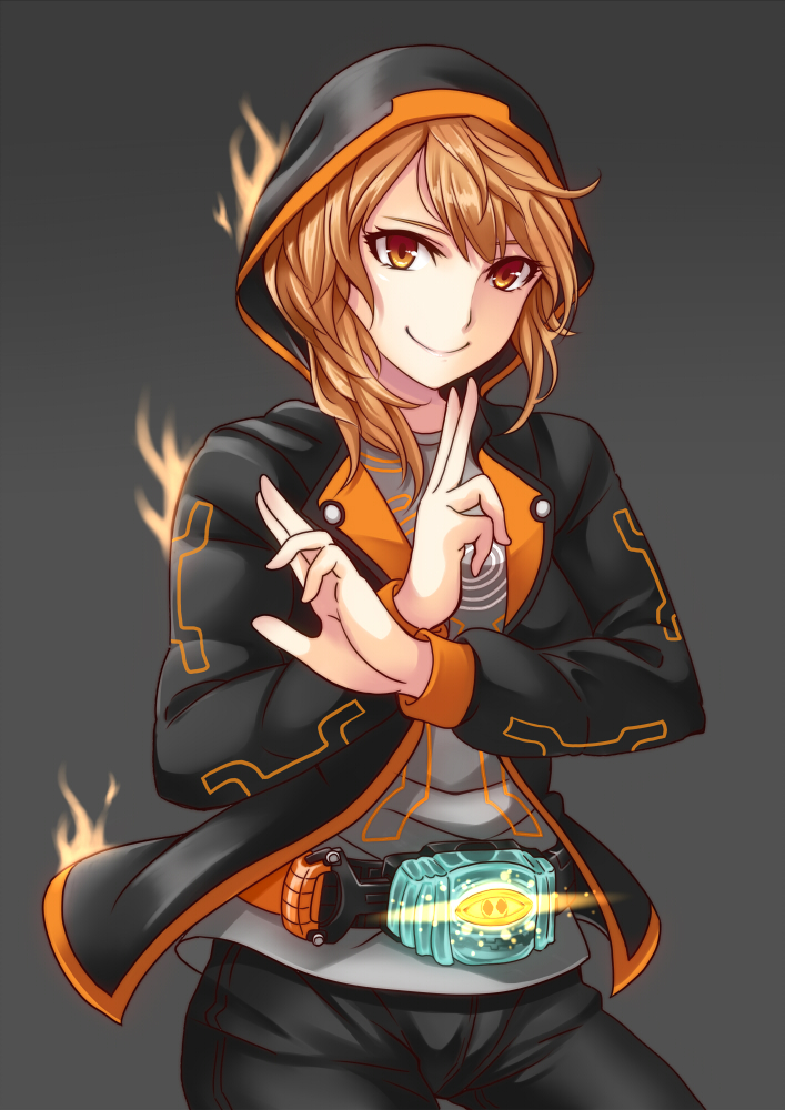 1girl belt brown_eyes brown_hair female_focus gender_request genderswap hood hooded_jacket jacket kamen_rider kamen_rider_ghost kamen_rider_ghost_(series) looking_at_viewer seven_(11) smile solo tenkuuji_takeru