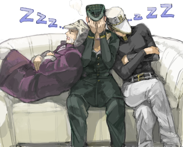 3boys bad_drawr_id bad_id beard belt black_shirt coat couch covering_face crossed_arms crossed_legs diamond_is_not_crash drawr earflap_hat embarrassed facial_hair family gakuran glasses hat higashikata_josuke jacket jojo_no_kimyou_na_bouken joseph_joestar joseph_joestar_(old) kuujou_joutarou leaning_back leaning_right machch male_focus multiple_boys oekaki pants patterned_upholstery peaked_cap pompadour school_uniform shirt sitting sleeping striped_upholstery uncle_and_nephew white_pants white_upholstery zzz