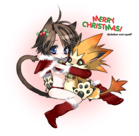 1990s_(style) animal_ears blue_eyes brown_hair cat_boy cat_ears cat_tail chibi christmas final_fantasy final_fantasy_viii kemonomimi_mode male_focus moomba short_hair squall_leonhart tail toujou_sakana