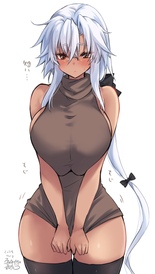 1girl black_thighhighs breasts brown_eyes covering_crotch covering_privates dark-skinned_female dark_skin dated dress embarrassed glasses hair_between_eyes kantai_collection large_breasts long_hair looking_at_viewer mashiro_yukiya musashi_(kancolle) musashi_kai_ni_(kancolle) ponytail short_dress signature sleeveless sleeveless_dress solo thighhighs white_background