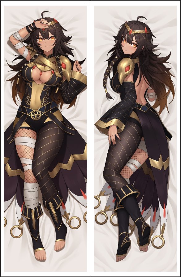 1girl ahoge ankh arm_wrap asymmetrical_legwear backless_leotard black_hair black_leotard black_nails black_shoes black_skirt black_sleeves breasts brown_eyes brown_hair dakimakura_(medium) gold_leotard gold_trim gradient_hair hara_rae_sol indie_virtual_youtuber kelfii leg_wrap leotard linea_alba long_hair lying median_furrow mismatched_legwear multicolored_hair multicolored_leotard on_back on_side open-toe_shoes second-party_source shoes showgirl_skirt single_fishnet_legwear skirt tan two-tone_leotard virtual_youtuber