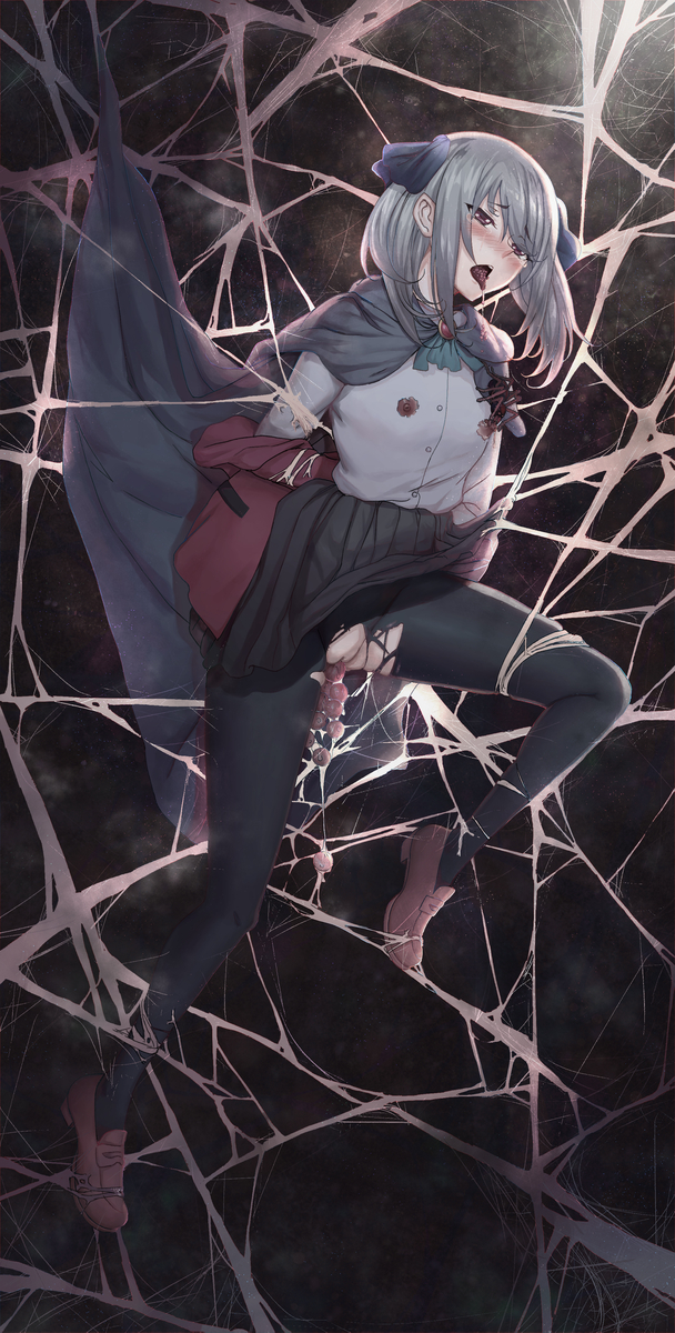 1girl blush bow bug cape cierra_runis crying dark_nipples egg egg_laying full_body grey_hair hair_bow highres jacket miniskirt nipples overidea pantyhose pleated_skirt pussy restrained shoes short_hair silk skirt spider spider_web tabby_(8401431) tearing_up tears tongue tongue_out torn_clothes torn_pantyhose torogao uncensored virtual_youtuber