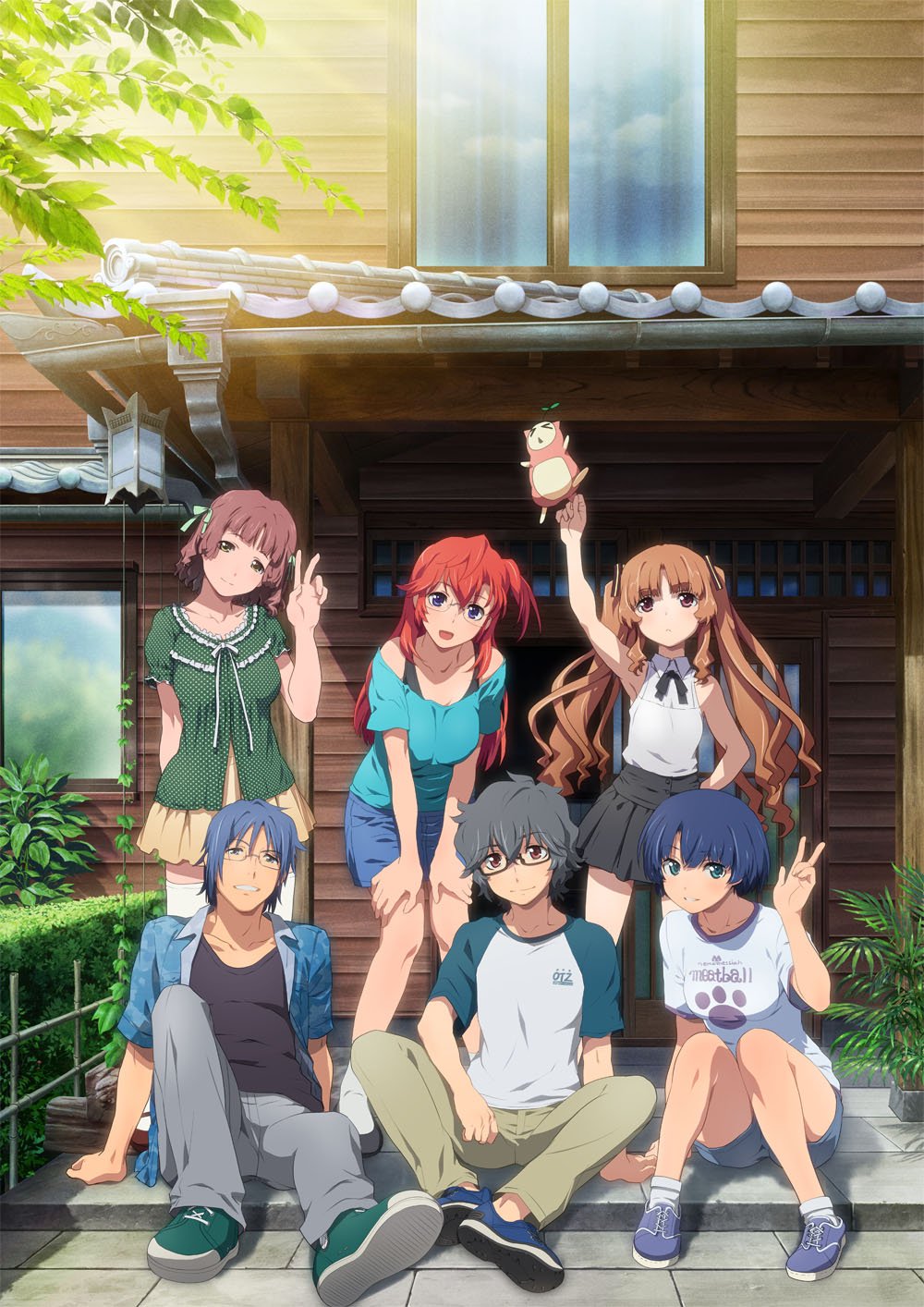 &gt;_&lt; 10s 2boys 4girls ano_natsu_de_matteru artist_request blue_eyes blue_hair brown_eyes brown_hair casual closed_eyes glasses green_eyes grey_hair highres ishigaki_tetsurou kirishima_kaito kitahara_mio long_hair long_legs multiple_boys multiple_girls official_art raglan_sleeves red_hair ribbon rinon_(ano_natsu_de_matteru) short_hair skirt smile takatsuki_ichika tanigawa_kanna thighhighs twintails yamano_remon
