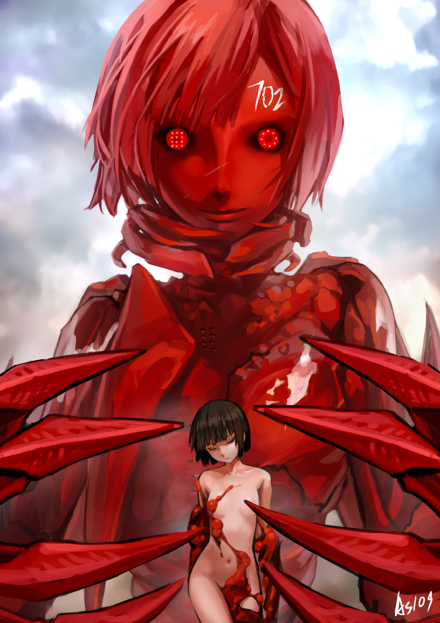 2girls alien as109 benisuzume_(gauna) black_hair black_sclera breasts claws cloud colored_sclera convenient_censoring closed_eyes gauna gauna_491 groin hoshijiro_shizuka md5_mismatch monster monster_girl multiple_girls navel placenta_(sidonia_no_kishi) red_eyes revision short_hair sidonia_no_kishi signature size_difference sky small_breasts smile spoilers