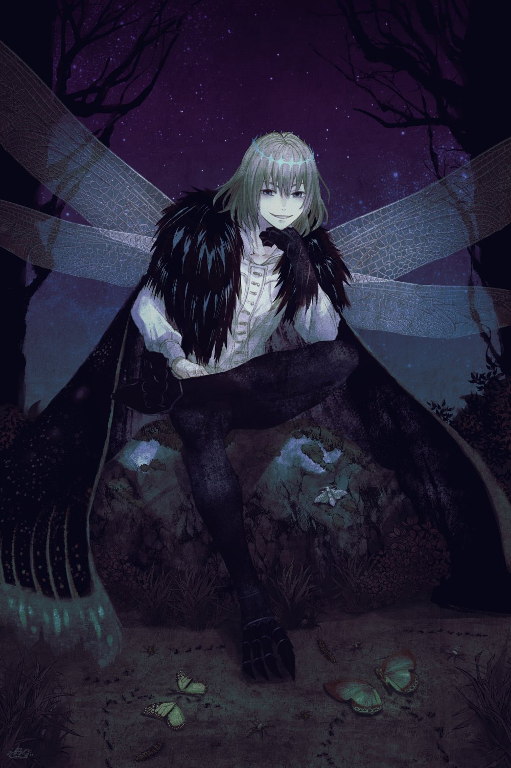1boy ant ayamatazu bare_tree black_cape bug butterfly cape caterpillar crossed_legs dress_shirt fate/grand_order fate_(series) full_body fur-trimmed_cape fur_trim grass grey_eyes grey_hair grin highres insect moth night night_sky oberon_(fate) oberon_(third_ascension)_(fate) on_rock outdoors rock shirt short_hair sitting sky smile solo star_(sky) tree white_shirt