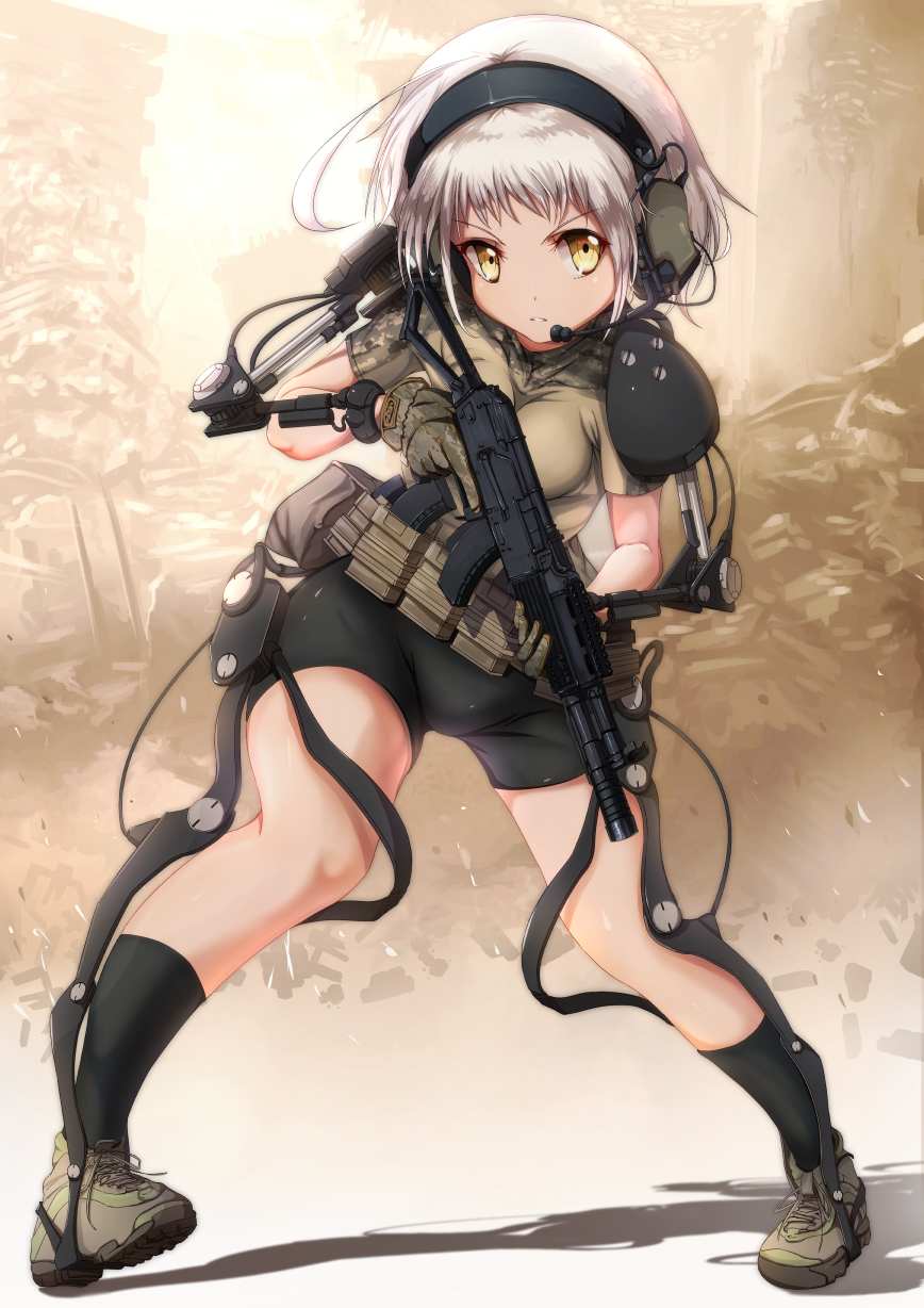 1girl ak-102 assault_rifle backlighting bike_shorts black_socks brown_eyes brown_gloves brown_shirt camouflage closed_mouth dai_toro day exoskeleton female_focus gloves grey_shoes gun headset highres holding holding_weapon kalashnikov_rifle looking_to_the_side machine_gun magazine_(weapon) military original outdoors rifle shadow shirt shoes short_hair short_shorts short_sleeves shorts silver_hair socks solo standing t-shirt tripod weapon
