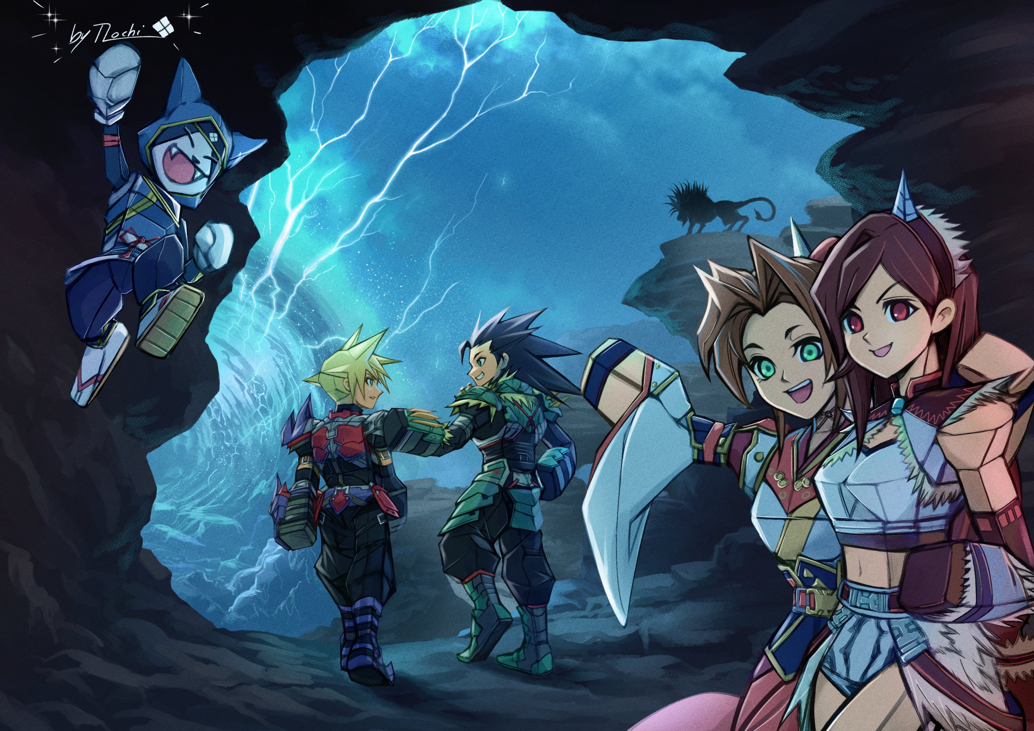 2boys 2girls absurdres aerith_gainsborough aerith_gainsborough_(kamura_dress) animal animal_ear_headwear arm_around_shoulder armor artist_name black_fur black_hair black_hairband blonde_hair breasts brown_hair cait_sith_(felyne_kamura_garb) cait_sith_(final_fantasy) capelet cave cliff cloud_strife cloud_strife_(glavenus_armor) cosplay crop_top detached_sleeves fake_animal_ears fangs felyne felyne_(cosplay) final_fantasy final_fantasy_vii final_fantasy_vii_ever_crisis full_body fur-trimmed_capelet fur_trim glavenus_(armor) green_eyes grin hair_ribbon hair_slicked_back hairband hakama hand_on_another's_shoulder highres hinoa hinoa_(cosplay) horns japanese_clothes jumping kirin_(armor) lightning low_poly medium_breasts midriff mochi_mangaka monster_hunter_(series) multiple_boys multiple_girls navel nontraditional_miko open_mouth parted_bangs pauldrons red_armor red_eyes red_hakama ribbon seto_(ff7) short_hair shoulder_armor single_horn single_pauldron smile spiked_hair teeth tifa_lockhart tifa_lockhart_(kirin_suit) tuxedo_cat two-tone_fur upper_body white_fur white_sleeves wide_sleeves zack_fair zack_fair_(zinogre_armor) zinogre_(armor)