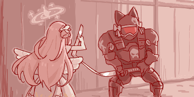 1girl 1other ambiguous_gender animal_ear_headwear armor battle bending blocking blue_archive covered_face dress facing_away fake_animal_ears feathered_wings feet_out_of_frame full_armor hair_bun halo helmet holding holding_sword holding_weapon katana legs_apart long_hair low_wings lowres maibotsumou mika_(blue_archive) monochrome oekaki parody_request red_theme single_side_bun standing strong sword two-handed weapon wings