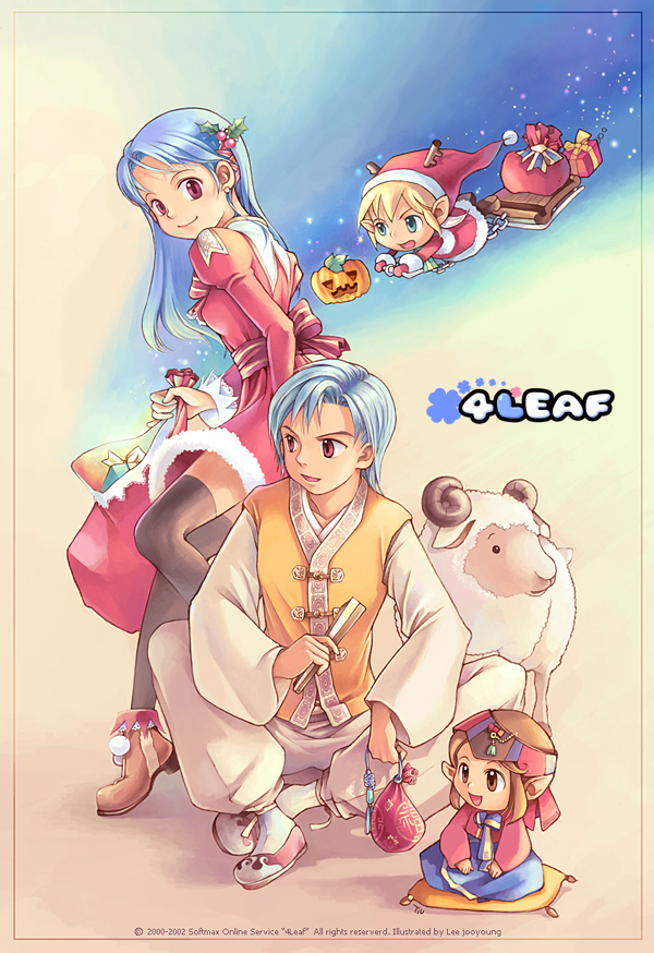 1boy 2000 2002 3girls 4leaf antlers aqua_hair archived_source artist_name ayam_hat back_bow bag baggy_pants baji black_eyes black_thighhighs blonde_hair blue_sky bokjumeoni bow box breasts brown_hair brown_horns brown_shoes chain chima_(clothes) christmas clover commentary commentary_request company_name copyright_name copyright_notice curled_horns dated dated_commentary drawstring drawstring_bag dress english_commentary english_text four-leaf_clover fur-trimmed_dress fur-trimmed_jacket fur_sleeve_cuffs fur_trim gift gift_box gomusin green_eyes hair_intakes hanbok hat holding holding_sack horns jacket jeogori_(clothes) korean_clothes korean_commentary logo long_hair long_skirt long_sleeves male_focus medium_breasts mini_person mistletoe mistletoe_hair_ornament mittens multiple_girls official_art pants parted_bangs parted_hair photoshop_(medium) pillow pink_shoes pom_pom_(clothes) pom_pom_hat_ornament pumpkin red_bag red_dress red_eyes red_hat red_jeogori red_mittens red_ribbon red_sleeves reindeer_antlers ribbon sack santa_costume santa_dress santa_hat sheep sheep_horns shoes short_dress sidelocks simple_background sitting sitting_on_pillow skirt sky sleeve_cuffs sleeveless sleeveless_jacket sleigh socks softmax thighhighs tiv waist_bow white_pants white_socks wide_sleeves