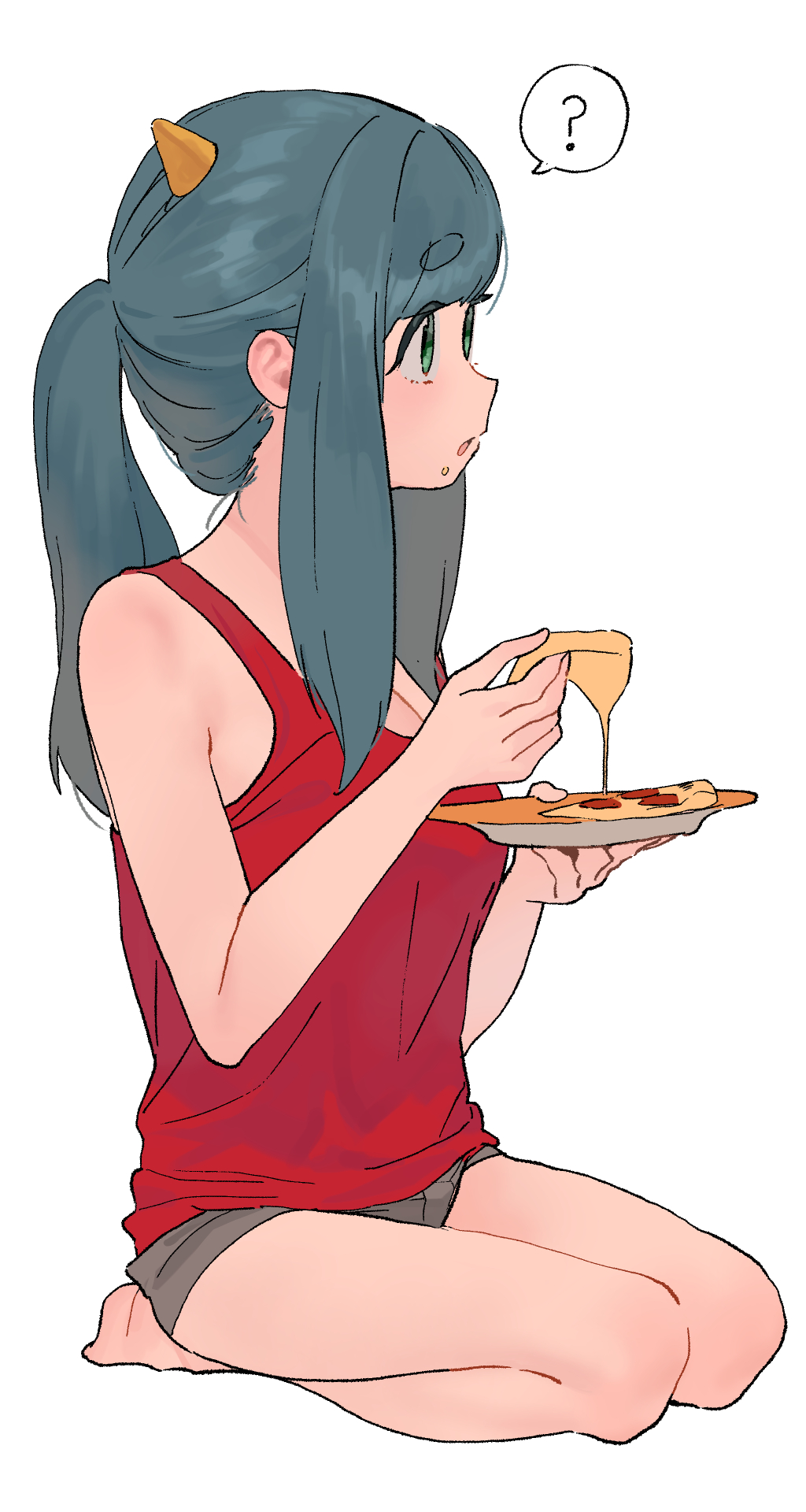 1girl ? bare_shoulders barefoot blue_hair food full_body green_eyes highres horns long_hair original ponytail red_shirt seiza shirt shorts sidelocks sitting solo some1else45 spoken_question_mark white_background