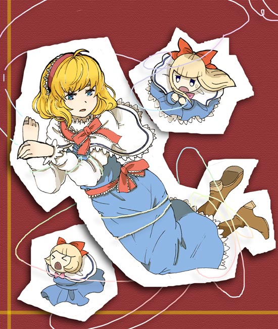 &gt;_&lt; 1girl alice_margatroid blonde_hair blue_eyes boots bow capelet doll dress closed_eyes female_focus hair_bow hairband jewelry ma-hain-scarlet paper puppet_rings puppet_strings ring sash shanghai_doll short_hair solo string touhou