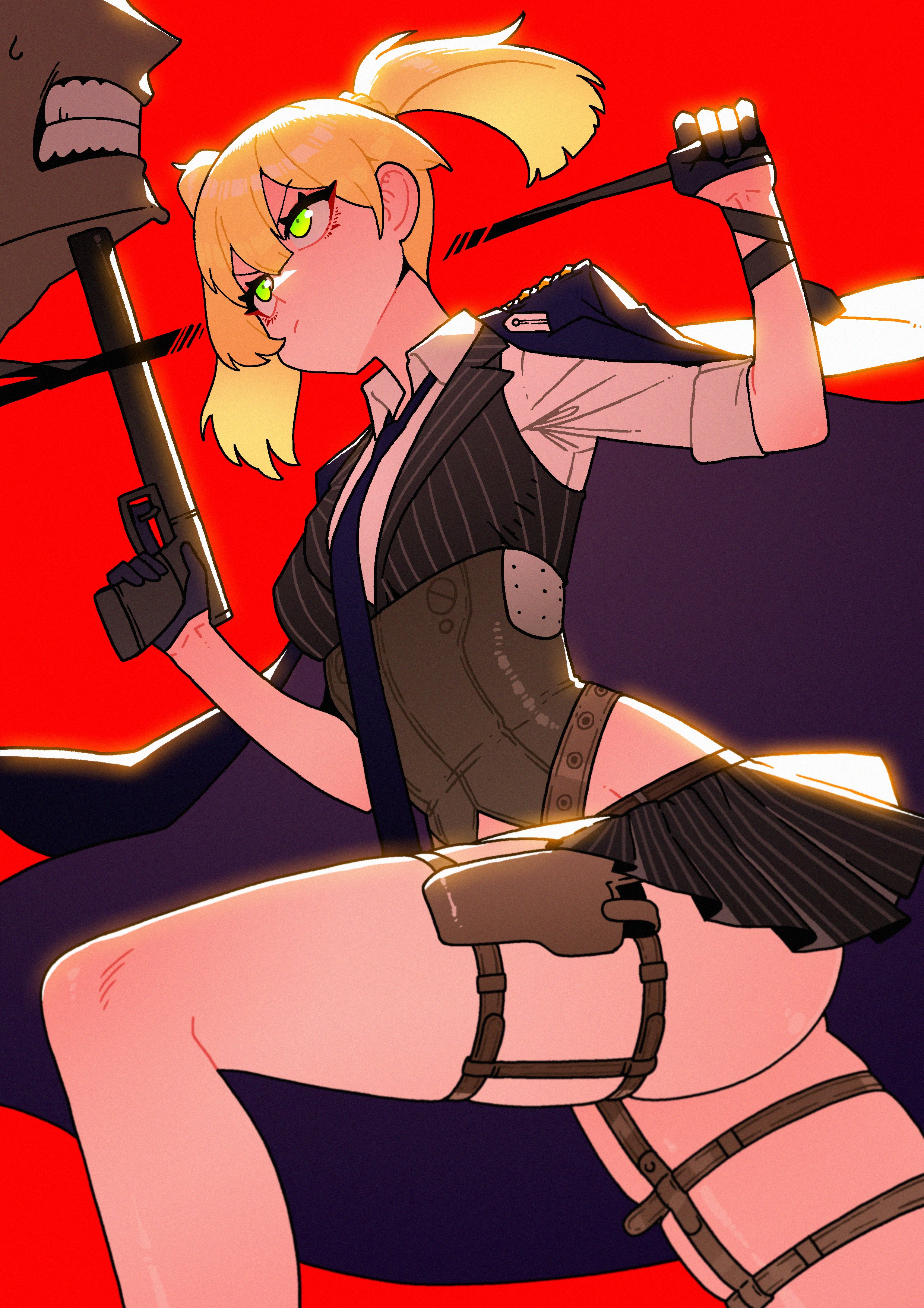 1boy 1girl absurdres asymmetrical_hair at_gunpoint black_gloves black_jacket black_necktie black_skirt blonde_hair bolt_action closed_mouth collared_shirt commentary corset dc_(makezzal) finger_on_trigger girls'_frontline gloves green_eyes gun half_gloves handgun highres holding holding_gun holding_weapon jacket jacket_on_shoulders looking_at_another necktie open_clothes open_jacket red_background shirt simple_background skirt striped_clothes striped_skirt striped_vest symbol-only_commentary vertical-striped_clothes vertical-striped_skirt vertical-striped_vest vest weapon welrod welrod_mkii_(girls'_frontline) white_shirt