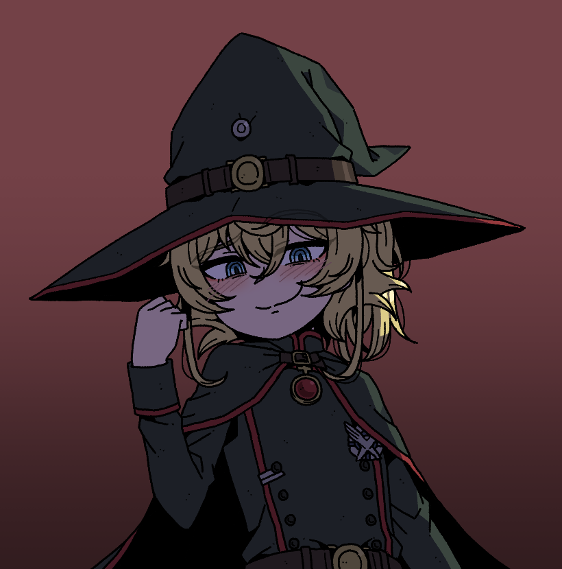 1girl blonde_hair blue_eyes blush cape gradient_background grin hair_between_eyes hat karepack long_hair looking_at_viewer medal military military_uniform mondragon_rifle ponytail short_hair smile solo tanya_degurechaff witch_hat youjo_senki