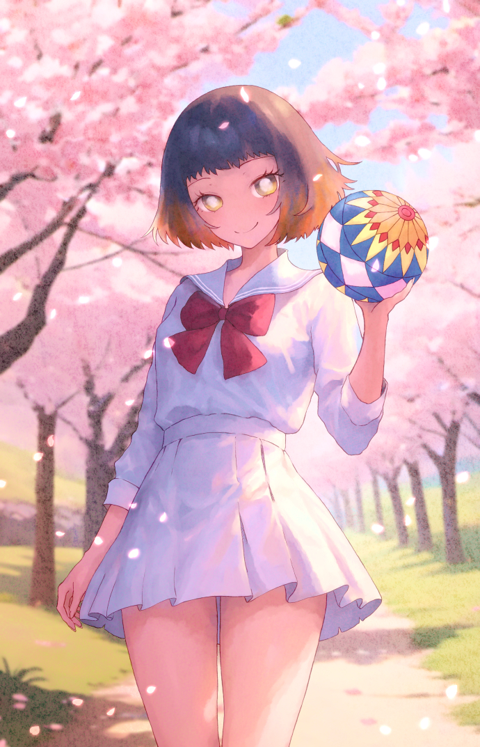 1girl ball black_hair bow cherry_blossoms closed_mouth day dirt_road gradient_hair grass kimetsu_no_yaiba multicolored_hair orange_hair outdoors pleated_skirt red_bow road sailor_collar school_uniform serafuku shirt skirt smile solo susamaru_(kimetsu_no_yaiba) temari_ball tree white_sailor_collar white_shirt white_skirt yellow_eyes yuki_(nyge2252)