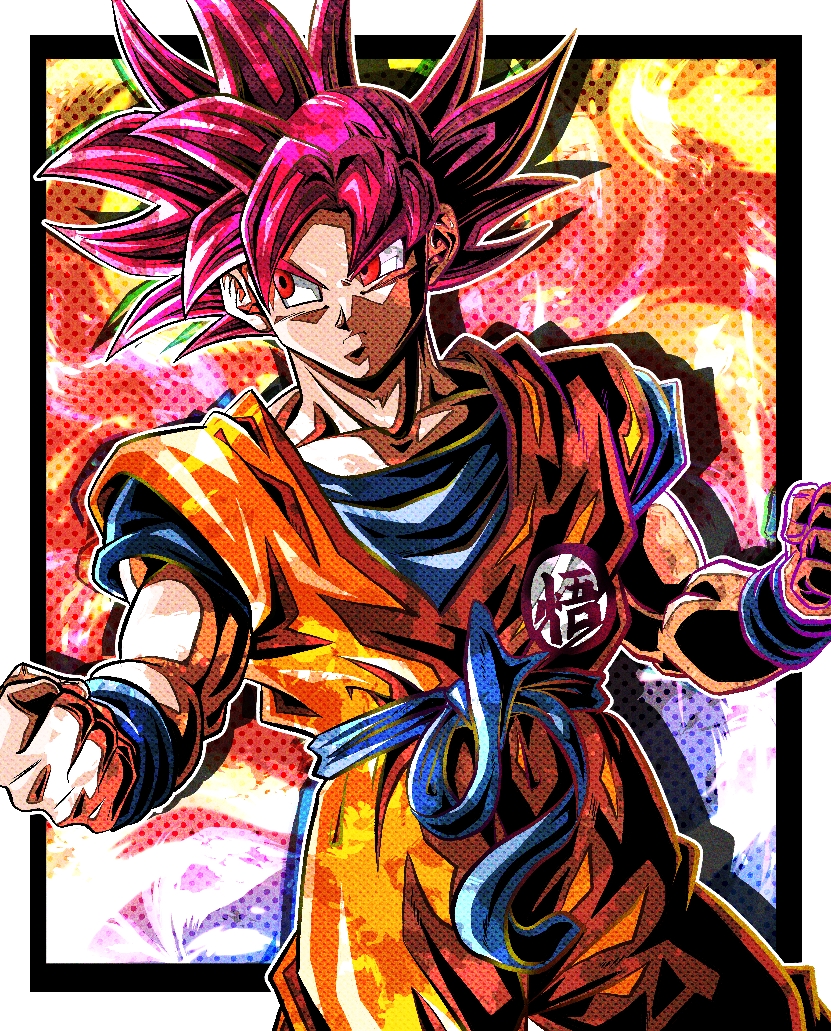 1boy blue_background blue_sash blue_shirt clenched_hands closed_mouth commentary_request curtained_hair dougi dragon_ball frown gradient_background looking_to_the_side male_focus medium_hair orange_background orange_dougi orange_pants orange_vest outside_border pants pectoral_cleavage pectorals red_eyes red_hair sash shirt short_sleeves solo son_goku spiked_hair super_saiyan super_saiyan_god ushi_(akabec0) v-shaped_eyebrows vest