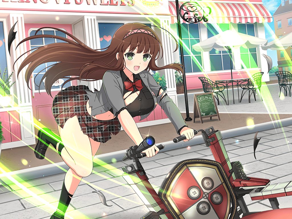 1girl amagi_sealing_congregation_school_uniform ankle_socks aura black_shirt black_socks bow breasts cafe chair city cityscape cleavage fighting_stance green_eyes grey_jacket hairband heart holding_chair jacket large_breasts loafers looking_at_viewer official_art pink_hairband pushing red_bow school_uniform senran_kagura senran_kagura_new_link shirt shoes shuriken skirt socks solo torn_clothes ui_(senran_kagura) unconventional_weapon weapon
