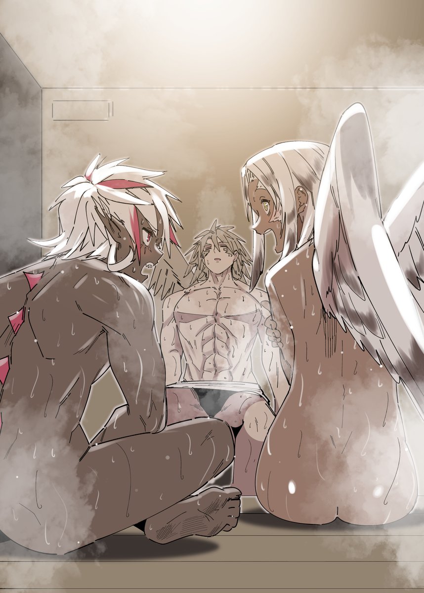 3boys albaz_(yu-gi-oh!) aoi_takeru dark-skinned_male dark_skin duel_monster feathered_wings grey_hair highres multicolored_hair multiple_boys nude red_hair sauna short_hair streaked_hair sweat towel tri-brigade_nervall tri-brigade_shuraig_the_ominous_omen two-tone_hair white_hair white_wings wings yu-gi-oh!