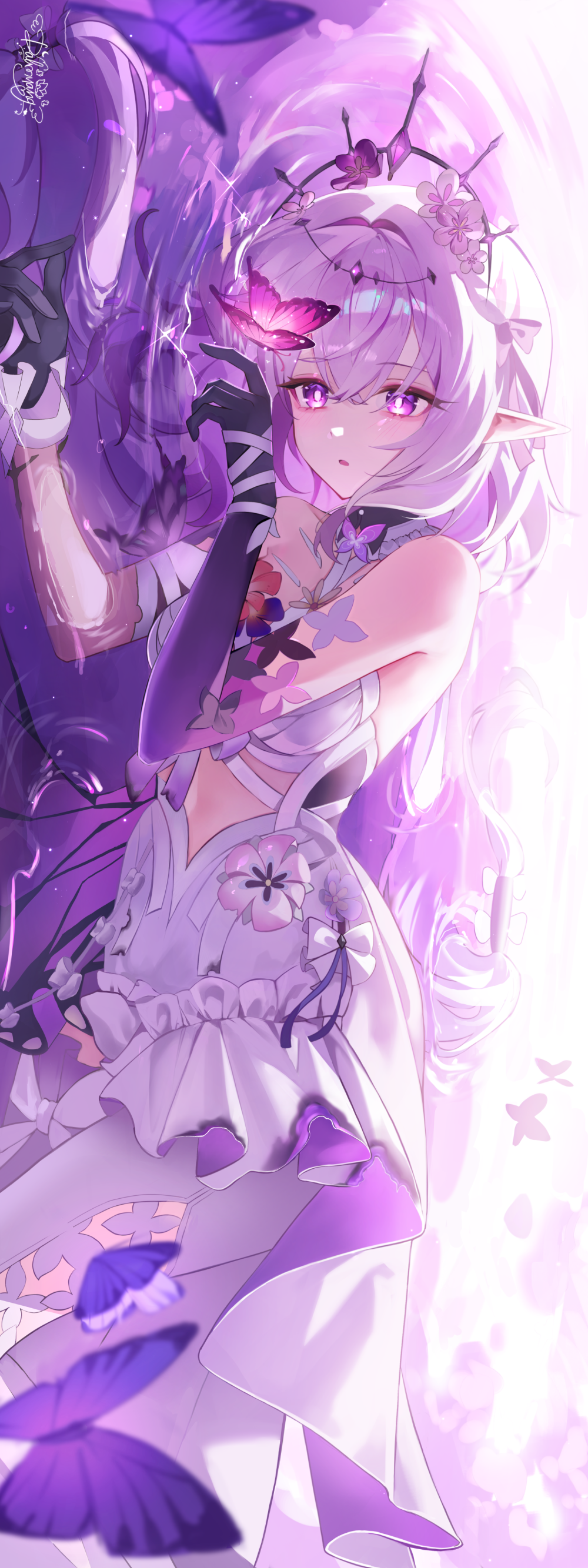 1girl absurdres asymmetrical_gloves bare_shoulders black_tiara bright_pupils bug butterfly castorice_(honkai:_star_rail) dalmyang dress elbow_gloves gloves highres honkai:_star_rail honkai_(series) insect legwear_cutout long_hair looking_at_viewer lying on_side pantyhose parted_lips pointy_ears purple_butterfly purple_eyes purple_gloves purple_hair signature solo tiara uneven_gloves water white_dress white_pantyhose white_pupils