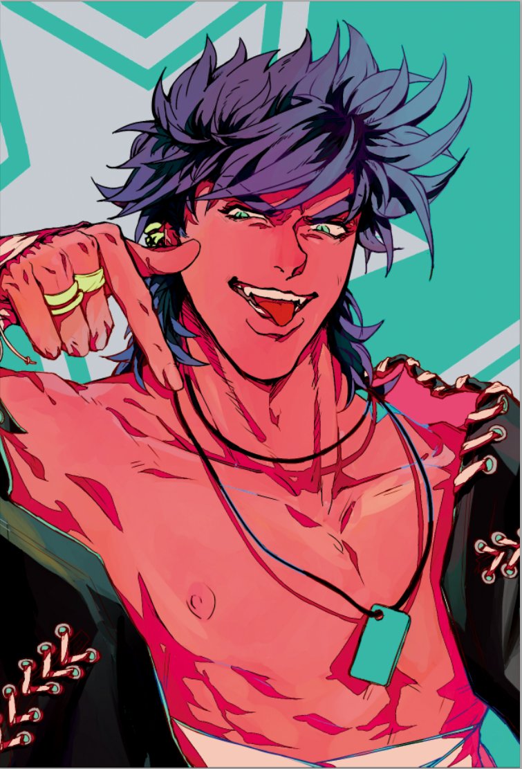 1boy battle_tendency blue_eyes blue_hair dog_tags hand_wraps jacket jewelry jojo_no_kimyou_na_bouken joseph_joestar joseph_joestar_(young) male_focus muscular muscular_male nipples no_shirt off_shoulder pointing pointing_down ring sarashi solo suzuri513 tongue tongue_out